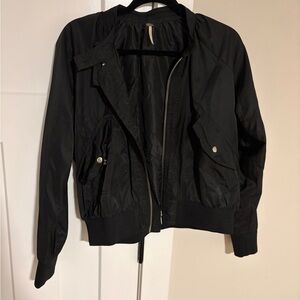 Free People Black Bomber Jacket with Snap Pockets